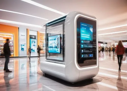 Modern kiosk, futuristic design, sleek metal frame, glass touch screen, curved edges, silver accents, minimalist aesthetic, indoor shopping mall, bright fluorescent lighting, polished marble floor, pe