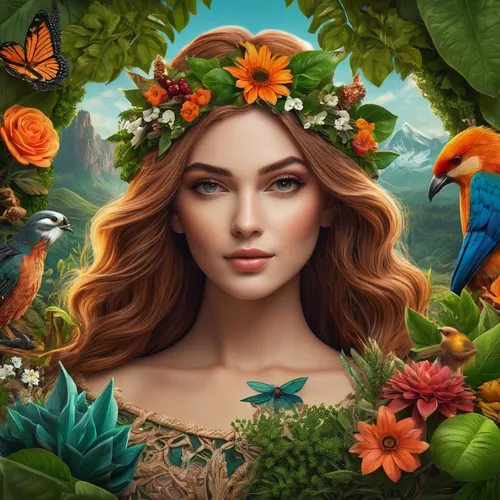 flower and bird illustration,vanessa (butterfly),garden of eden,girl in flowers,fantasy portrait,flora,world digital painting,game illustration,tropical floral background,beautiful girl with flowers,fantasy art,butterfly background,portrait background,flower background,flower fairy,fantasy picture,faerie,floral background,springtime background,faery