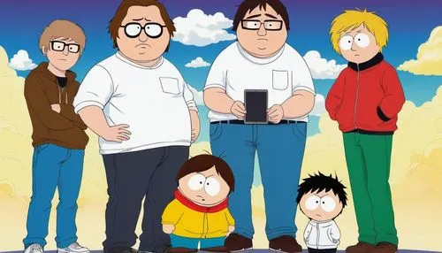 Cartoonish, South Park style, male creator, messy brown hair, thick black glasses, casual wear, jeans, white T-shirt, sneakers, holding a tablet, standing in front of a colorful background, Cartman, K