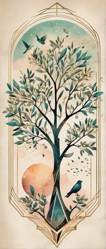 A whimsical olive tree tattoo with delicate leaves and ethereal birds flying in a dreamy sky.,argan tree,vinegar tree,bodhi tree,peach tree,almond tree,olive tree,fruit tree,sacred fig,cardstock tree,