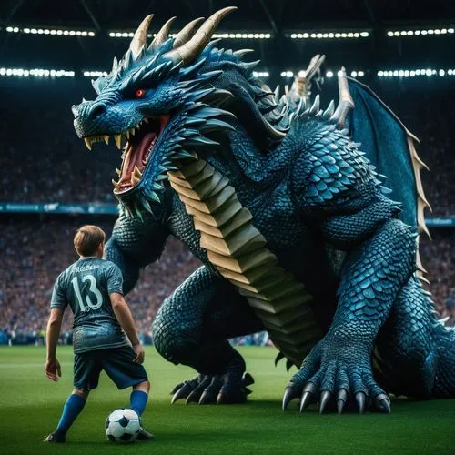 The giant soccer player prepares to face off against the powerful dragon, blue eyes its scales shimmering in the moonlight. The dragon's eyes are fixed on the throne, and its roar echoes through the s