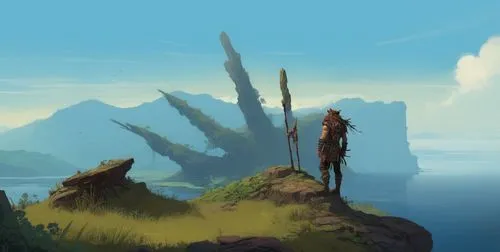 hippie man standing on cliff with his robot looking at a huge valley with a lake and huge tree in the distance,cliffside,skylands,an island far away landscape,cliffsides,sentinels,floating island,high