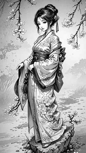 a painting of a woman in a kimono, artwork in the style of guweiz, highly detailed character design, well - detailed outfit, a painting of white silver, humanoid flora, rennaissance style painting, re