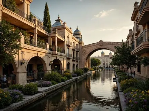 Ornate bridge, grandiose arches, intricately carved stone balustrades, gilded accents, ornamental lanterns, majestic river views, serene water reflections, lush greenery, vibrant flowers, natural ston