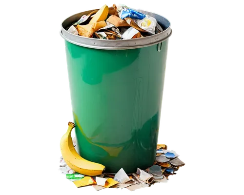 Trash can, rusty metal, worn-out lid, torn stickers, dirty exterior, reflective surface, scattered garbage, banana peels, crushed plastic bottles, crumpled papers, morning dew, soft natural light, 3/4