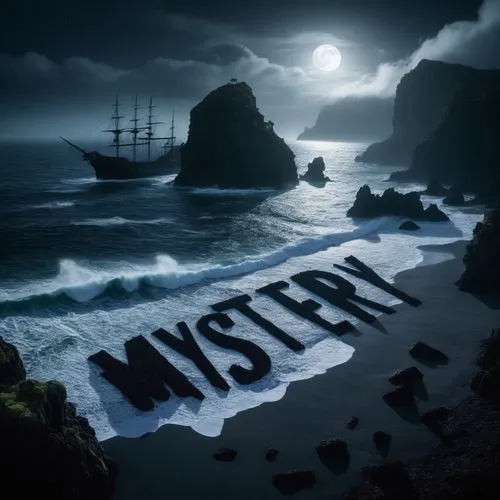 big writing "MYSTERY" background A remote island surrounded by a vast ocean. Huge waves crash against the rocky shore, creating white foam that covers the black sand. An old, mossy shipwreck is strand