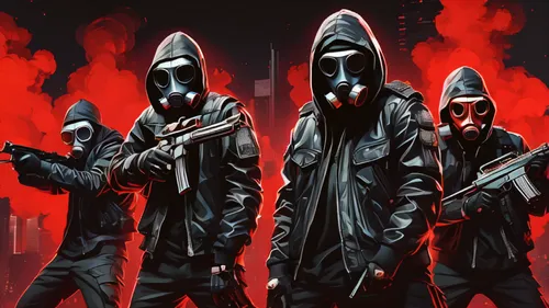 outbreak,balaclava,assassins,money heist,pandemic,the pandemic,ninjas,hooded man,gangstar,respirators,cd cover,bandit theft,welders,street dogs,infiltrator,city in flames,neophyte,systema,soldiers,background image,Illustration,Realistic Fantasy,Realistic Fantasy 06