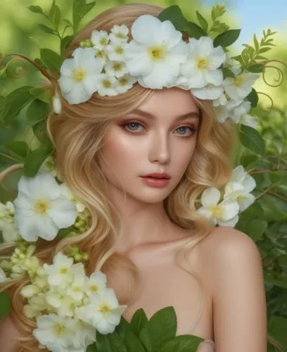 a woman with flowers in her hair is posed next to flowers,linden blossom,arabian jasmine,girl in flowers,beautiful girl with flowers,jasmine blossom,scent of jasmine,Photography,General,Realistic