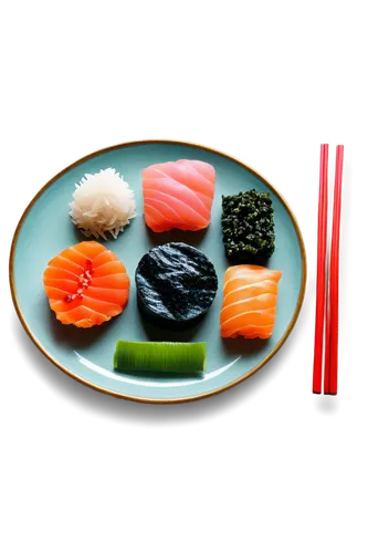 Sushi, Japanese dish, assorted varieties, colorful ingredients, raw fish, rice, seaweed, soy sauce, wasabi, pickled ginger, chopsticks, ceramic plate, minimalist background, overhead shot, shallow dep