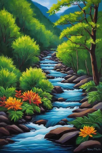 flowing creek,mountain stream,river landscape,brook landscape,mountain river,flowing water,aura river,river cooter,streams,lava river,a river,oil painting on canvas,nature landscape,natural landscape,rushing water,water flowing,water flow,watercourse,riparian forest,oil painting,Art,Artistic Painting,Artistic Painting 31