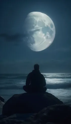 a man is sitting on the beach watching the moon,moonlight,meditating,meditation,meditator,meditate,bodhidharma