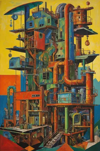 refinery,industrial plant,industrial landscape,metropolis,escher,industries,industry,industrial ruin,gunkanjima,multi-storey,dystopian,concrete plant,factories,mechanical,dystopia,oil rig,panopticon,utopian,animal tower,industrial,Art,Artistic Painting,Artistic Painting 38