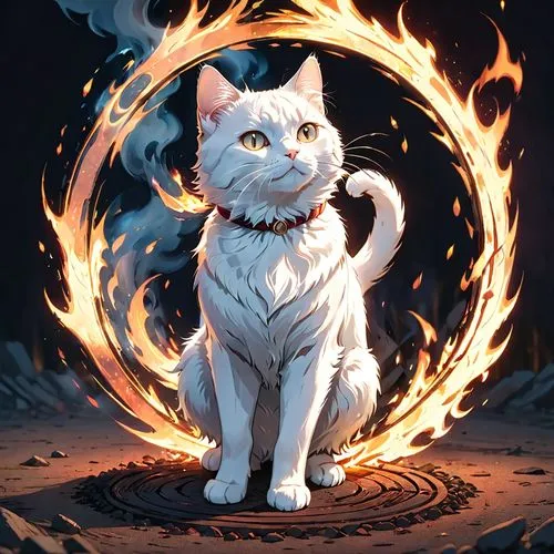 flame spirit,cat vector,white cat,fire background,saganaki,firestar,fire eyes,aegean cat,cat with blue eyes,fire artist,torch-bearer,burning torch,cat warrior,cat portrait,cat,fire poi,american curl,lion - feline,silver tabby,feral,Anime,Anime,General