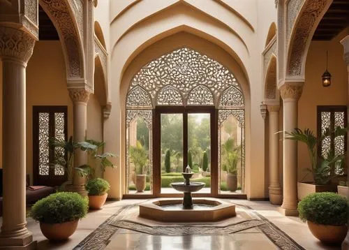 inside courtyard,amanresorts,archways,courtyard,qasr al watan,quasr al-kharana,riad,courtyards,mihrab,madinat,moroccan pattern,persian architecture,alcazar,mamounia,qasr al kharrana,la kasbah,habtoor,rohm,alcazar of seville,qasr,Illustration,Abstract Fantasy,Abstract Fantasy 03