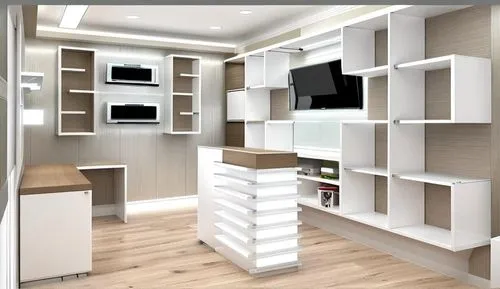 Móveis todo planejado na cor branco com leed nos armário e nichos. Piso laminado com tons claros.   Realista e futurista. Com iluminação no armário e preciso de um painel com fita de leed. Na parede d