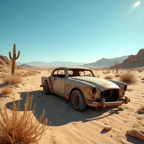 Desert landscape, sunny day, clear blue sky, endless sand dunes, scarce vegetation, cacti, rocky outcrops, abandoned old car, worn tires, rusty metal body, broken headlights, hot air, shimmering mirag