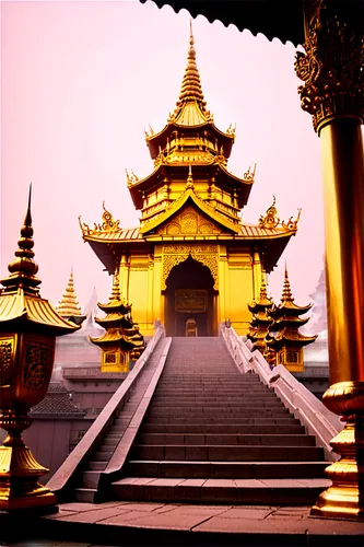 Golden Temple, ancient architecture, intricate carvings, ornate decorations, grand entrance, stairs leading up, golden dome, Buddha statues, lanterns hanging, incense sticks, misty atmosphere, soft wa