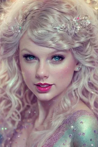 Taylor Swift in a glitter dress extremely detailed professional photography of (((an ethereal spirit))) with a mischievous smile and glowy eyes. Otherworldly creature, magical scene, an incredibly bea