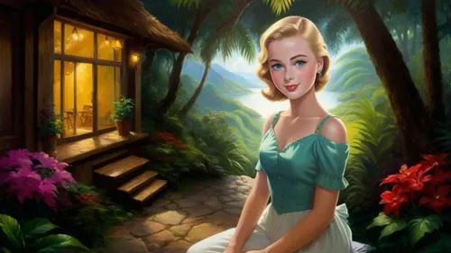 tinkerbell,thumbelina,world digital painting,fantasy picture,girl in the garden,fairy tale character,mermaid background,photo painting,fairyland,maureen o'hara - female,dorthy,disneyfied,connie stevens - female,fairy door,jasmine,amazonica,pin-up girl,art deco background,elsa,cinderella