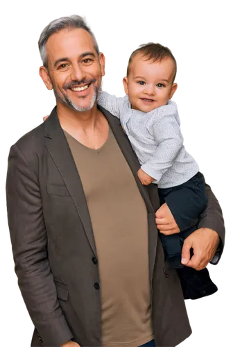 Father's Day, happy father, middle-aged man, smiling face, warm eyes, gray hair, casual wear, holding baby, child sitting on shoulder, family bonding, tender moment, soft focus, shallow depth of field