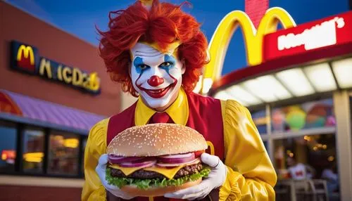 Ronald McDonald, smiling face, bright red hair, blue eyes, yellow skin tone, iconic red and yellow uniform, white gloves, holding a giant hamburger, standing in front of a colorful McDonald's restaura