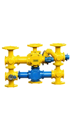 Industrial backflow device, metallic material, complex pipeline structure, valves and gauges, steel frame, blue and yellow paint, reflective surface, detailed bolts and nuts, morning dew, soft natural