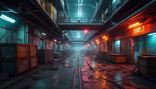 Cyberpunk distribution center, neon lights, urban decay, abandoned crates, rusty machinery, futuristic conveyor belts, metallic catwalks, industrial pipes, dimly lit alleys, graffiti-covered walls, po