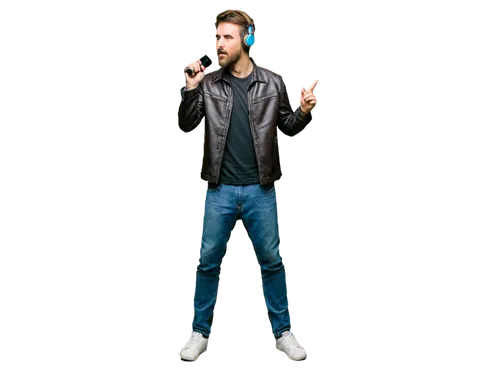 Man, sound engineer, messy brown hair, thick beard, headphones, casual wear, jeans, black T-shirt, leather jacket, holding microphone, standing, relaxed posture, dim studio lighting, warm color tone, 