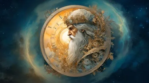 a clock with a white beard and long white hair,father time,time spiral,horologium,astrolabe,timekeeper,alethiometer