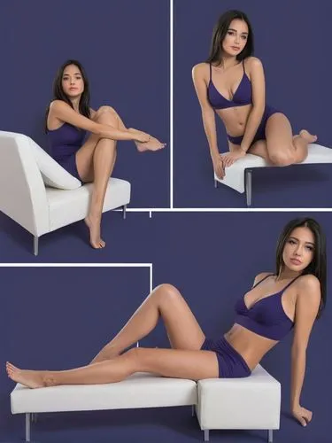 Create a body study of this girl in the style of a comic page with 4 pictures: 1. (left) close-up, 2. sitting, 3. standing (right) and 4. (below) lying on a chaise longue.,there is a young female sitt