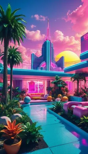 futuristic landscape,80's design,aesthetic,tropicana,tropical house,paradisus,Conceptual Art,Sci-Fi,Sci-Fi 28