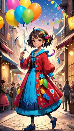 little girl with balloons,hanbok,colorful balloons,little girl in wind,shanghai disney,little girl with umbrella,kids illustration,world digital painting,cg artwork,little girl twirling,rockabella,a girl in a dress,french digital background,harajuku,children's background,birthday banner background,doll's festival,disney character,anime japanese clothing,fashionable girl,Anime,Anime,Cartoon