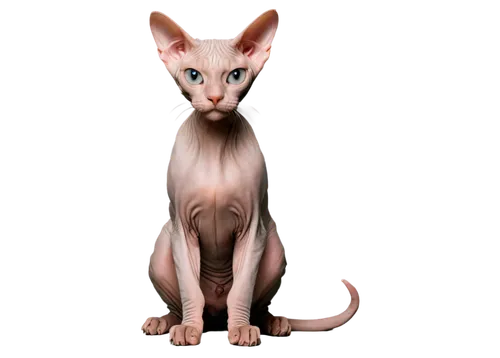 Hairless cat, Sphynx breed, wrinkled skin, pink nose, big eyes, cute expression, sitting posture, front legs bent, paw pads visible, smooth skin texture, studio lighting, soft focus, shallow depth of 