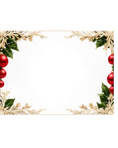 Christmas frame, golden borders, intricate patterns, snowflakes, holly leaves, red berries, festive atmosphere, 3D effects, ornate details, shiny surface, soft focus, warm lighting, panoramic view, de