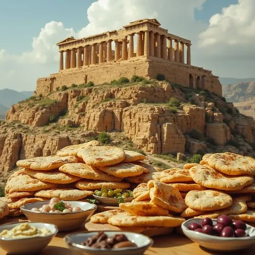 Visualize the Acropolis as a stack of pita bread, with each ancient structure represented by layers of golden-baked bread, accompanied by bowls of hummus, olives, and other Greek delicacies.",assorted