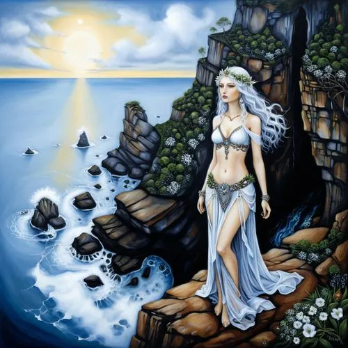 a woman dressed up standing on a cliff over water,amphitrite,mermaid background,sirene,nereids,fantasy art,fantasy picture,Illustration,Abstract Fantasy,Abstract Fantasy 14