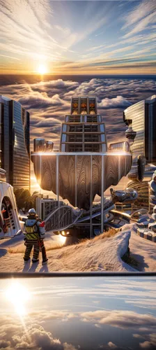 futuristic landscape,solar cell base,ice planet,mining facility,sky space concept,futuristic architecture,terraforming,concept art,stargate,industrial landscape,igloo,baffin island,digital compositing,space port,alien world,futuristic art museum,snowhotel,south pole,alien planet,the polar circle