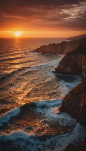 Compose a poetic description of the breathtaking sunset over Luares' enchanting ocean.,pacific coastline,coast sunset,cliffs ocean,cliff coast,sunset cliffs,seascape,pigeon point,pacific coast highway