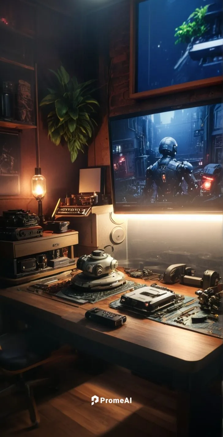 Table with Gaming setup, gaming monitor, plants, armchair ,consoles,desk,game room,visual effect lighting,modern office,computer room,ufo interior,computer desk,game consoles,scene lighting,working sp