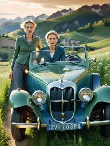 German political leader Alice Weidel dominates the action. She drives through a green Swiss meadow landscape with her pretty female partner in a valuable car whose dark green paintwork reflects the br