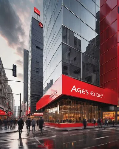 Rouge Baton Architecture Firms, modern skyscraper, sleek glass façade, angular steel structure, vibrant red accents, bustling cityscape, busy streets, sidewalk café, pedestrians in motion, blurred tra