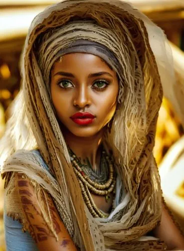 a woman with a scarf and beaded necklaces on her head,ethiopian girl,eritrean,afar tribe,ancient egyptian girl,fulbe,yemeni,Illustration,Realistic Fantasy,Realistic Fantasy 45