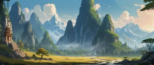 fantasy landscape,landscape background,cartoon video game background,karst landscape,mountainous landscape,forest landscape,Conceptual Art,Fantasy,Fantasy 02