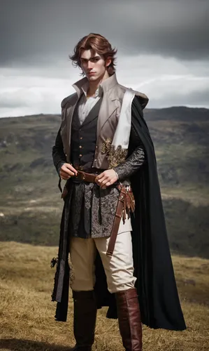 Make him wear a reinassance outfit,rob roy,king arthur,scottish,heroic fantasy,scot,highlander,cymric,gamekeeper,tyrion lannister,haighlander,bullers of buchan,cullen skink,male elf,clàrsach,protectiv