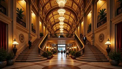 Grandiose casino academic building facade, ornate Baroque details, lavish gold accents, sweeping archways, grand staircases, intricate stone carvings, rusticated bases, Corinthian columns, rich velvet