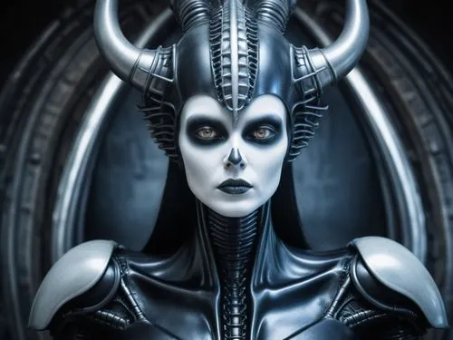 giger style,a woman with horns and horns on her head,giger,hela,demoness,nephthys,dark elf,hecate