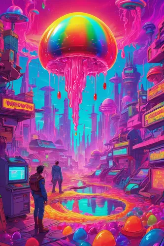 In a fantasy realm, a curse transforms a kingdom's population into jelly bean brains, causing them to leak rainbow-colored goo.,colorful city,futuristic landscape,cyberpunk,80s,futuristic,alien world,