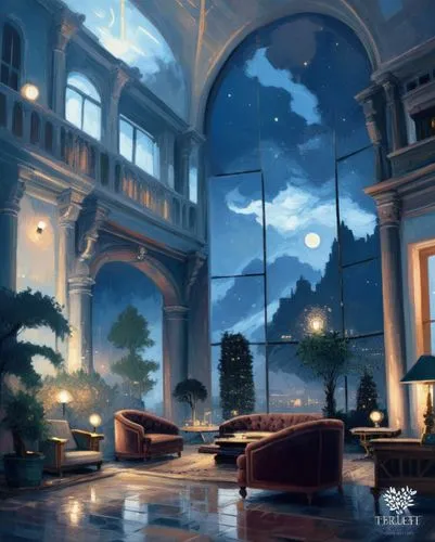 conservatory,blue room,hotel lobby,evening atmosphere,mansion,sky apartment,ornate room,background design,fantasy landscape,intercontinental,dandelion hall,luxury hotel,atriums,dreamhouse,world digita