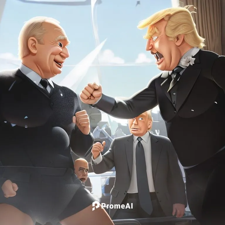 Cartoon style of the two presidents fighting putin vs trump. Both are shoeless in underwear.,diplomacy,game illustration,secret service,putin,45,handshake,mafia,shaking hands,off russian energy,trump,