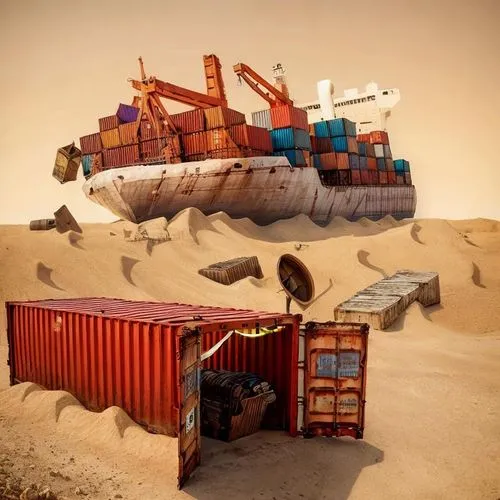 cargo ship in hot desert and city made from shipping containers

 ,container transport,cargo containers,container freighter,containers,container,stacked containers,a cargo ship,scrap dealer,shipping c